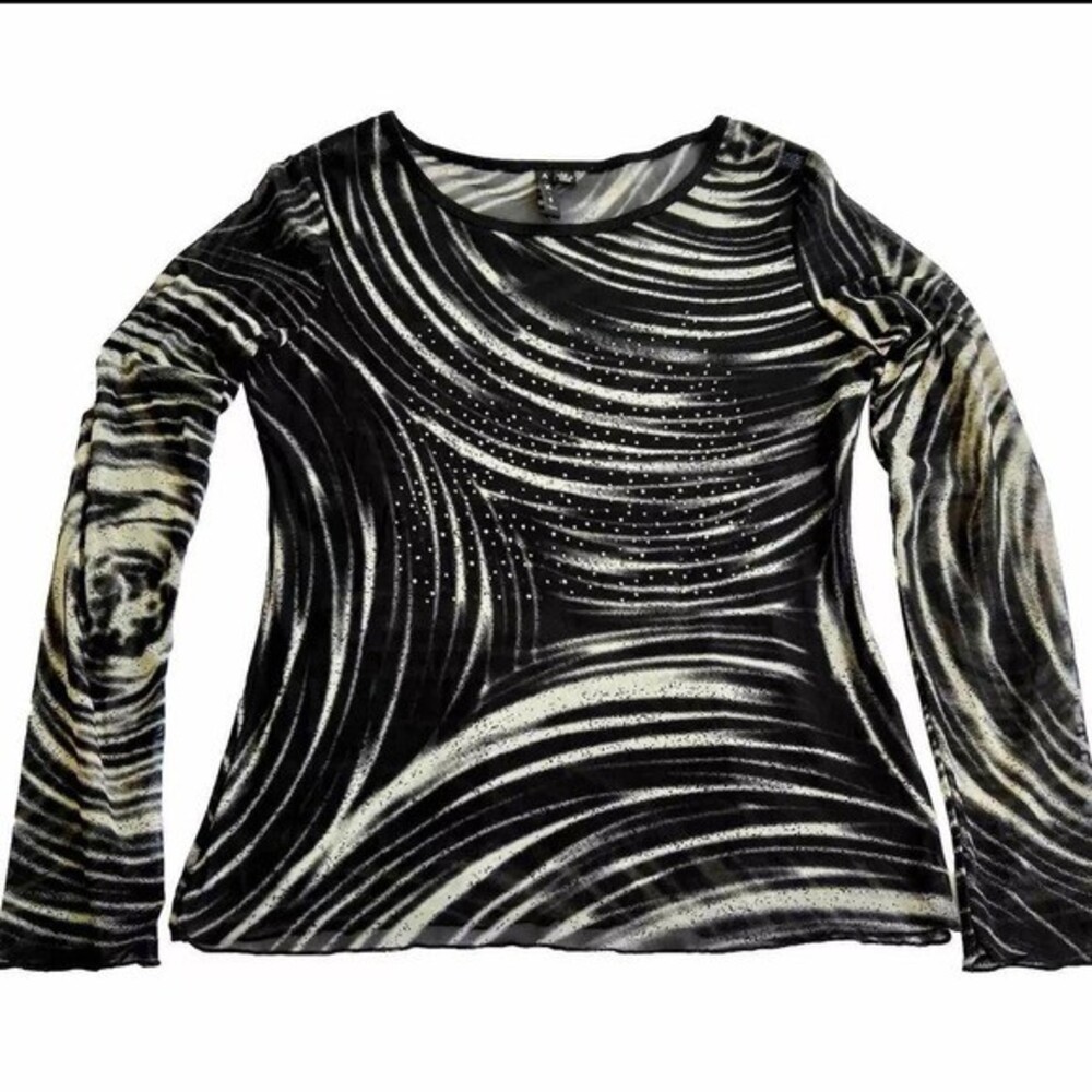 Women's AZI Abstract Black and White Long Sleeve Stretch Mesh Top
